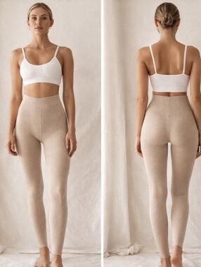 Ribbed Knit Leggings Beige High Waisted XS S Minimalist Pilates Skims Vibes